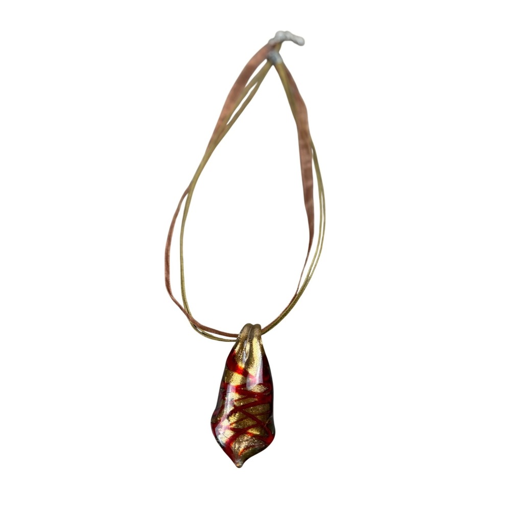 Vintage Handmade Art Glass Pendant Necklace Teardrop Red Gold